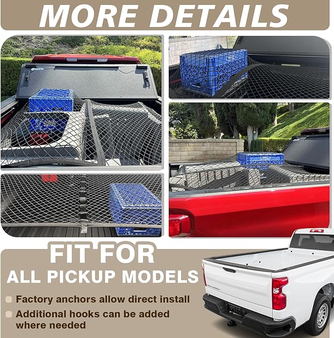 Muslogy Truck Bed Cargo Net Compatible with Pickup Truck Bed Organizer Stretchable 4'x4' to 7'x7' High Elastic Heavy Duty Upgraded Reinforced Storage Net with 10 Metal Carabiners (Single Layer)