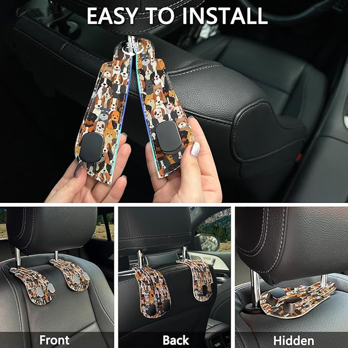 Blusabaca 2PCS Car Seat Back Storage Headrest Hooks, Cute Dogs Puppy Purse Holder Bags Hanger, PU Leather Double Metal Hook for Backseat Organizer, Women Car Accessories Organization