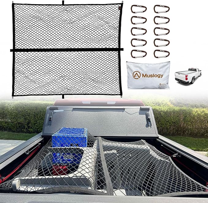Muslogy Truck Bed Cargo Net Compatible with Pickup Truck Bed Organizer Stretchable 4'x4' to 7'x7' High Elastic Heavy Duty Upgraded Reinforced Storage Net with 10 Metal Carabiners (Single Layer)