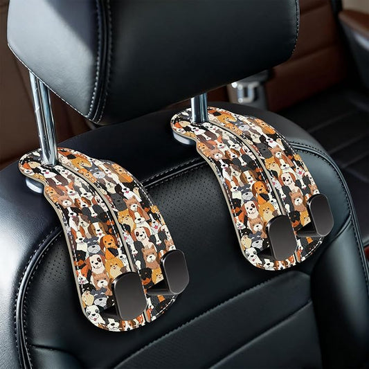 Blusabaca 2PCS Car Seat Back Storage Headrest Hooks, Cute Dogs Puppy Purse Holder Bags Hanger, PU Leather Double Metal Hook for Backseat Organizer, Women Car Accessories Organization