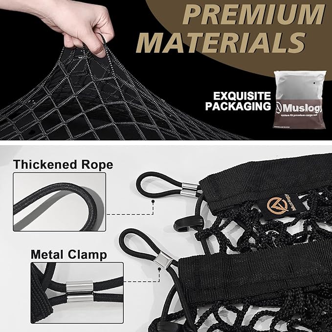 Muslogy Envelope Style Trunk Cargo Net Compatible with 2021-2024 2025 Jeep Grand Cherokee L Accessories Custom Fit Trunk Organizer Upgraded Storage Luggage Net with Metal Hooks (3-Row GCL)