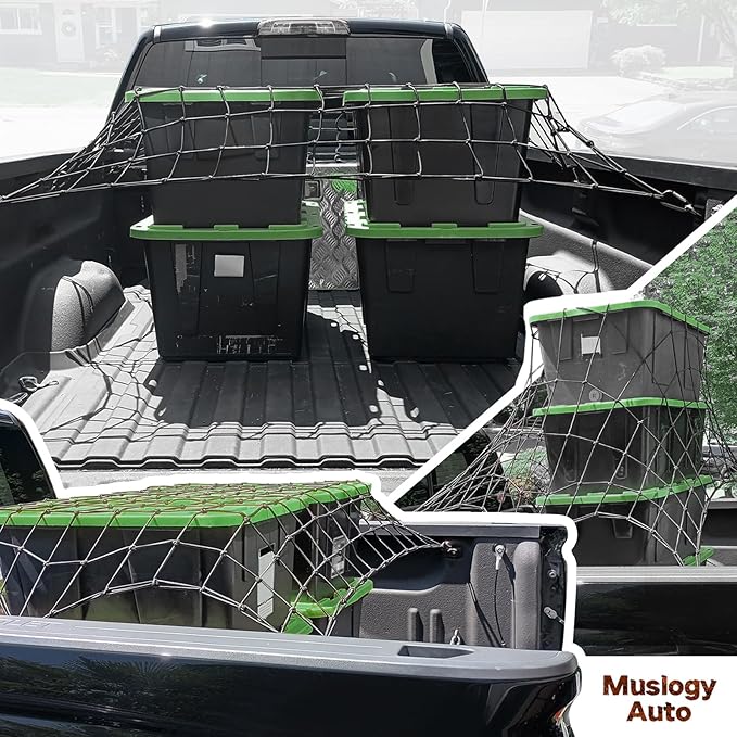 Muslogy Cargo Net Compatible with Pickup Truck Bed Organizer Divider Stretchable 4'x6' to 8'x12' High Elastic Trailer Accessories Storage Bungee Mesh with 14 Metal Carabiners (Upgraded 6mm Latex)