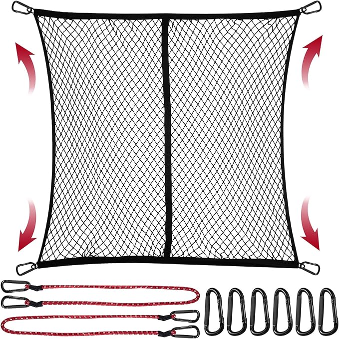 Cargo Net for Pickup Truck Bed, Stretchable 4'x4' to 7'x7' Fine Mesh Elastic Net Set with Heavy-Duty Iron Hooks & 2 Tie-Down Straps, Secure Truck Bed Cargo Netting for Pickup and Trailer Transport