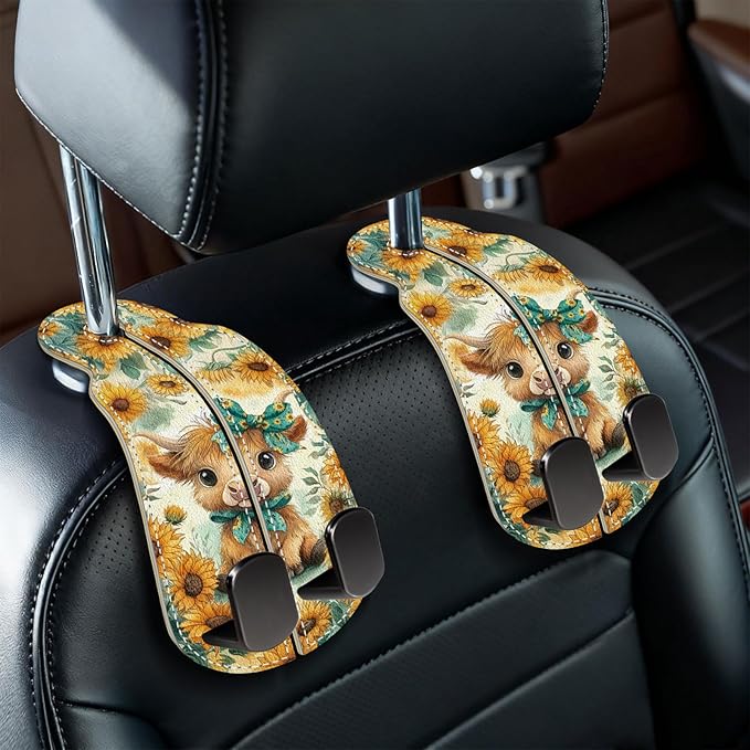 Blusabaca 2PCS Car Hooks for Purses Bags, Highland Cow Cattle Artwork Modern Seat Back Storage Headrest Holder Hanger PU Leather Double Metal Backseat Organizer, Women Car Accessories Organization