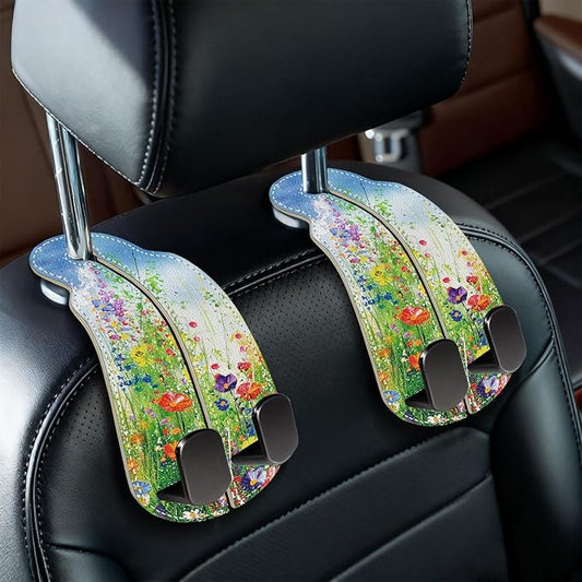 Blusabaca 2PCS Car Seat Back Storage Headrest Hooks, Floral Spring Purse Holder Bags Hanger, PU Leather Double Metal Hook for Backseat Organizer, Women Car Accessories Organization