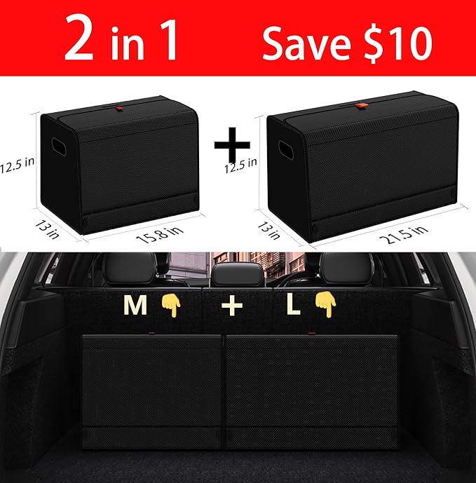 Trunk Organizers, Car Organizers, Storage Solutions, and Car Storage Organizers for SUVs, Sedans, Back Seats, and Luxury Vehicles with Lid, Leather, Small, Large (Carbon Fiber, L&M)