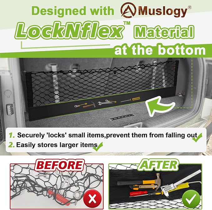 Muslogy Envelope Style Trunk Cargo Net Compatible with 2015-2024 2025 Outback Accessories Custom Fit Trunk Organizer Upgraded Storage Luggage Net with Metal Hooks