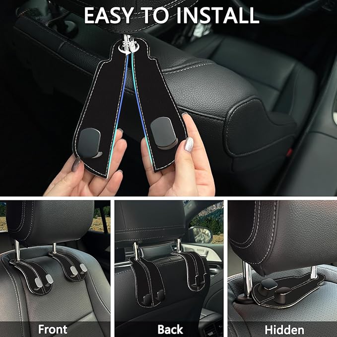 Blusabaca 2PCS Car Seat Back Storage Headrest Hooks, Black Purse Holder Bags Hanger, Double Metal Hook for Backseat Organizer, Women Car Accessories Organization