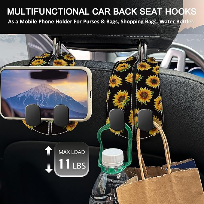 Blusabaca 2PCS Car Seat Back Storage Headrest Hooks, Sunflower Purse Holder Bags Hanger, PU Leather Double Metal Hook for Backseat Organizer, Women Car Accessories Organization