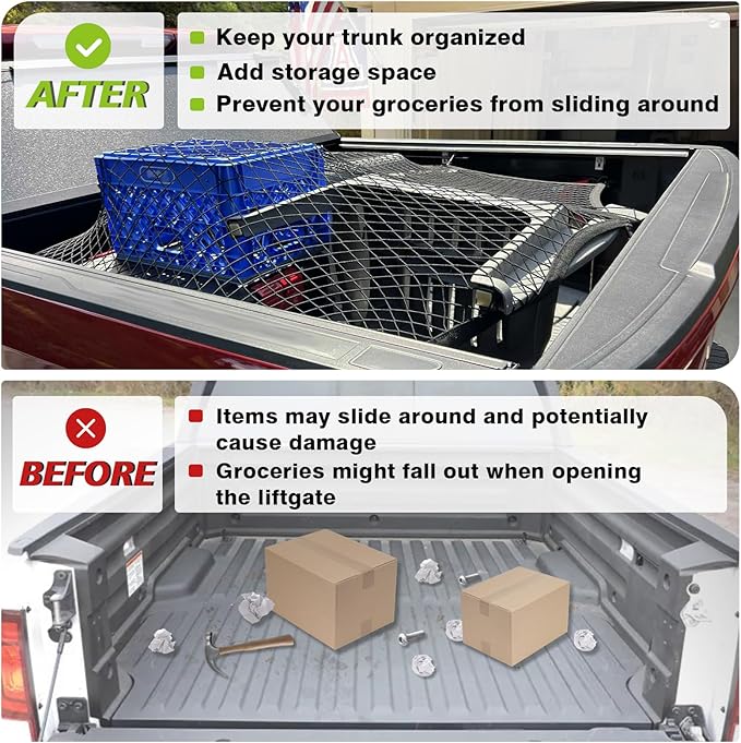 Muslogy Truck Bed Cargo Net Compatible with Pickup Truck Bed Organizer Stretchable 4'x4' to 7'x7' High Elastic Heavy Duty Upgraded Reinforced Storage Net with 10 Metal Carabiners (Single Layer)