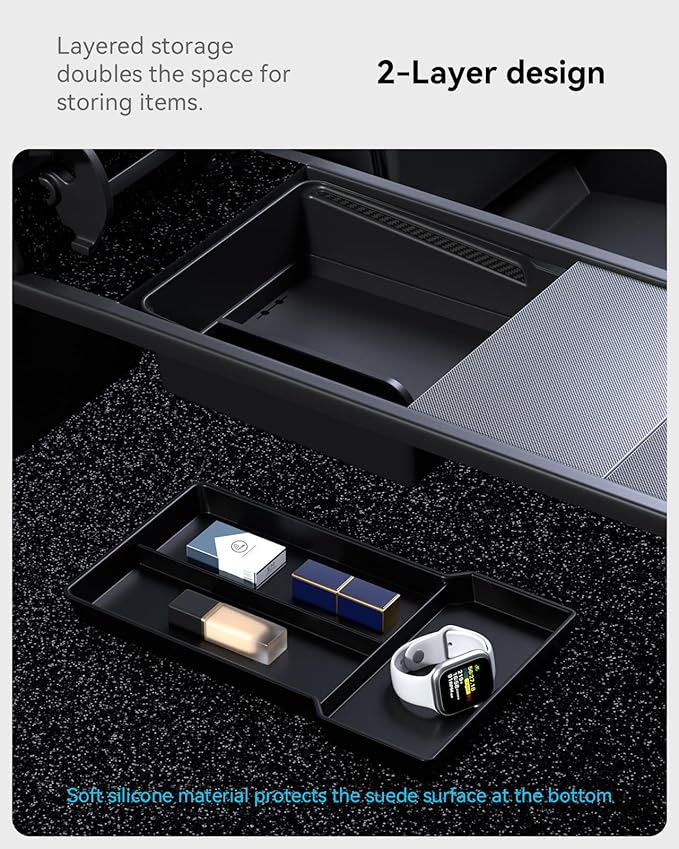2025 Upgrade Center Console Organizer Tray for Tesla Model 3 Highland Accessories 2024 2026, Divided Storage Double Layer Space Slide smoothly - 4 PCS, Black