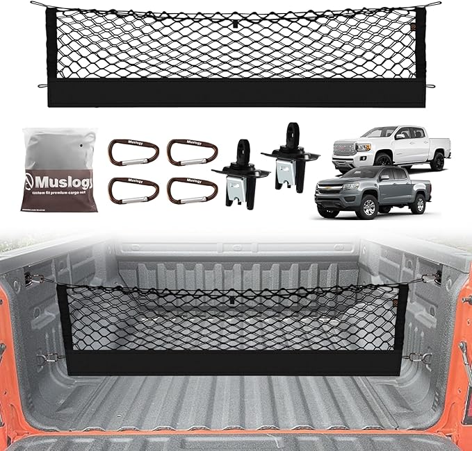 Muslogy Truck Bed Cargo Net Compatible with 2015-2022 Chevy Colorado & GMC Canyon Accessories Storage Organizer Pickup Truck Bed Envelope Style Net with Heavy Duty Carabiners & Tie Down Anchor Set