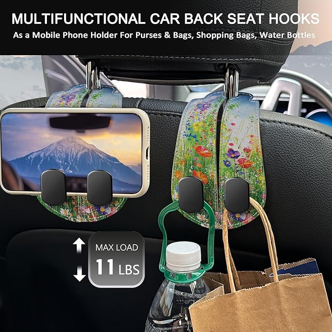 Blusabaca 2PCS Car Seat Back Storage Headrest Hooks, Floral Spring Purse Holder Bags Hanger, PU Leather Double Metal Hook for Backseat Organizer, Women Car Accessories Organization