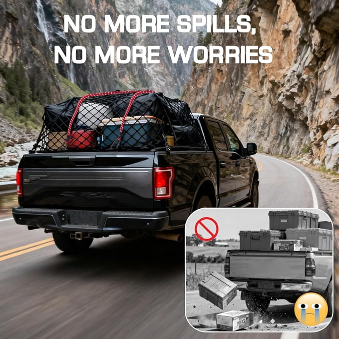 Cargo Net for Pickup Truck Bed, Stretchable 4'x4' to 7'x7' Fine Mesh Elastic Net Set with Heavy-Duty Iron Hooks & 2 Tie-Down Straps, Secure Truck Bed Cargo Netting for Pickup and Trailer Transport