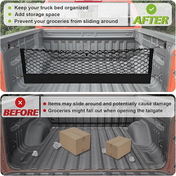 Muslogy Truck Bed Cargo Net Compatible with 2015-2022 Chevy Colorado & GMC Canyon Accessories Storage Organizer Pickup Truck Bed Envelope Style Net with Heavy Duty Carabiners & Tie Down Anchor Set