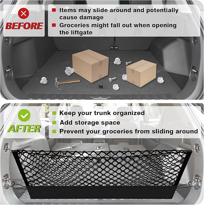 Muslogy Envelope Style Trunk Cargo Net Compatible with 2018-2024 Chevy Equinox & GMC Terrain Accessories Custom Fit Trunk Organizer Upgraded Mesh Storage Luggage Net with Metal Hooks