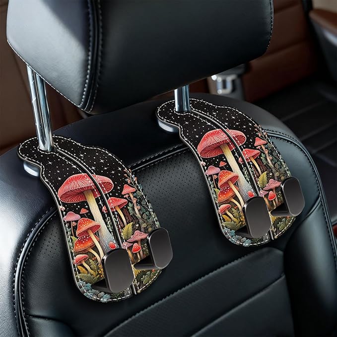 Blusabaca 2PCS Car Seat Back Storage Headrest Hooks, Mushroom Purse Holder Bags Hanger, PU Leather Double Metal Hook for Backseat Organizer, Women Car Accessories Organization