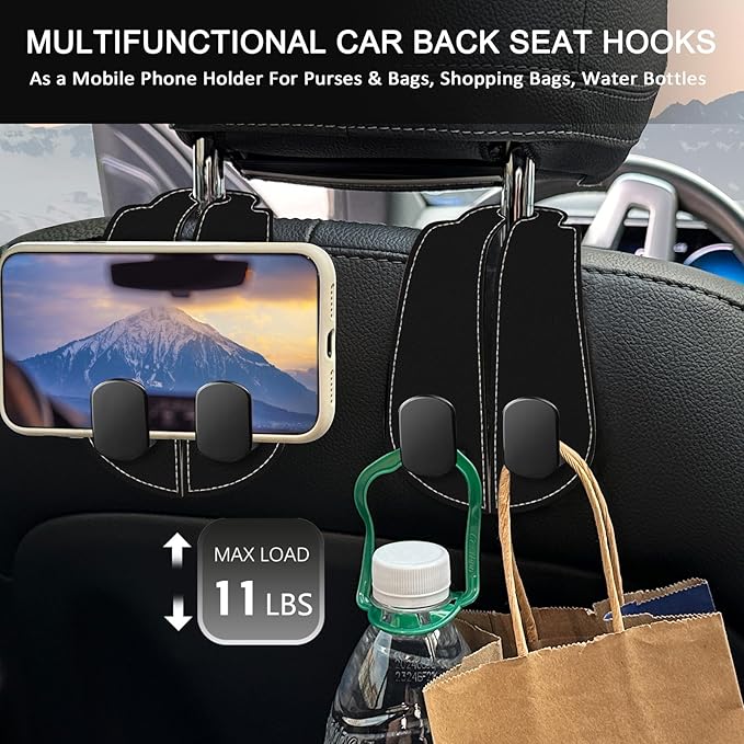 Blusabaca 2PCS Car Seat Back Storage Headrest Hooks, Black Purse Holder Bags Hanger, Double Metal Hook for Backseat Organizer, Women Car Accessories Organization