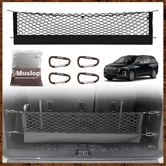 Muslogy Envelope Style Trunk Cargo Net Compatible with 2018-2023 Chevy Traverse Accessories Custom Fit Trunk Organizer Upgraded Mesh Storage Luggage Net with Metal Hooks