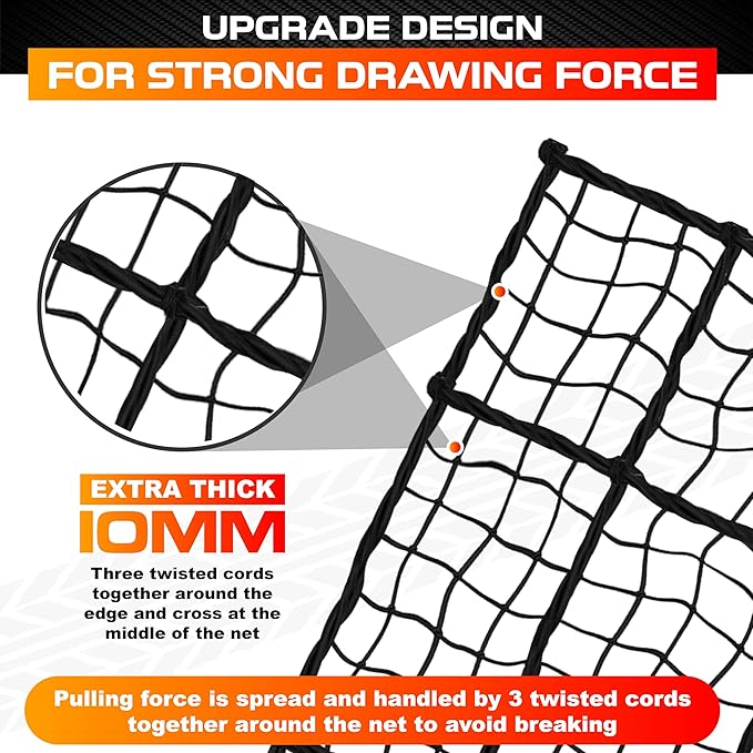 [Premium] 5'x7' Heavy Duty Cargo Net Stretches to 10' x 14', Extra Thick 10mm Cord Bungee Cargo Netting for Pickup Truck Bed, Roof Rack Net & 12 PCS Steel Carabiners