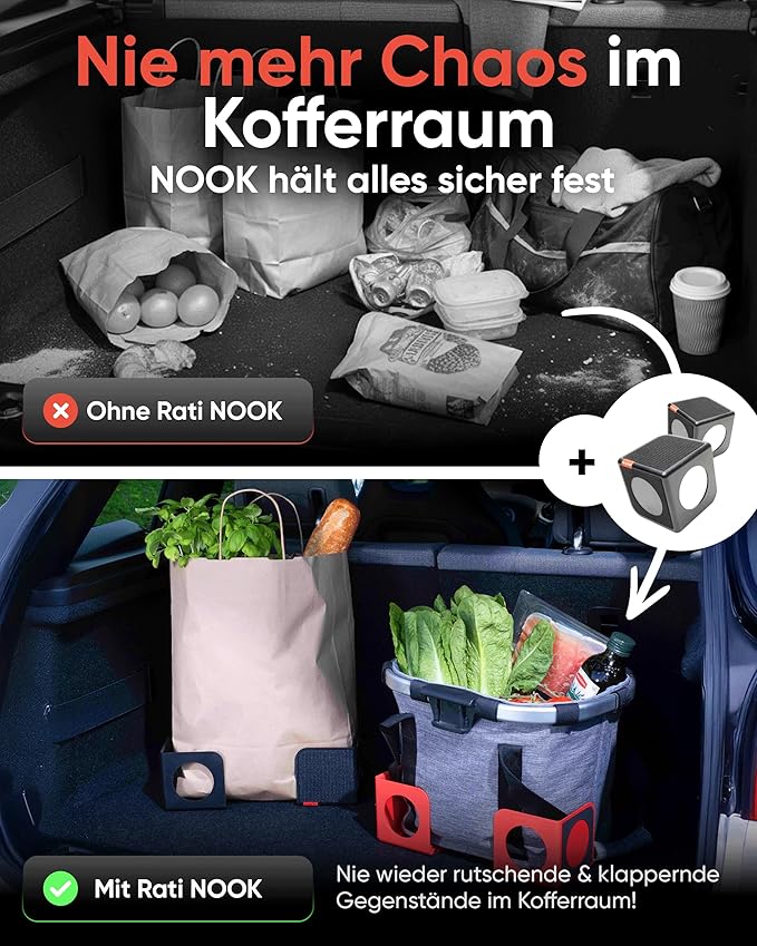 rati Nook Trunk Organizer Blocks – Car Storage Organizer with Adjustable Dividers and Dual Grip Pads – Works on Carpeted or Plastic-Lined Trunks – SUV, Sedan, Truck