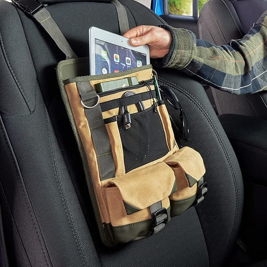 High Road Cotton Canvas Front Seat Organizer with Tablet and File Compartments, 9-pocket Car Office Passenger Seat Organizer