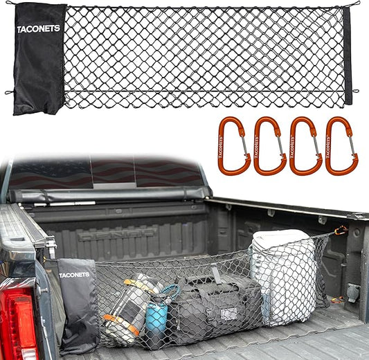 Envelope Cargo Net for GMC Sierra & Chevy Silverado - Fits 2013-2025 - Upgraded 5mm Bungee - Integrated Storage Bag - Heavy Duty Carabiners - Designed in USA - 18" x 50"