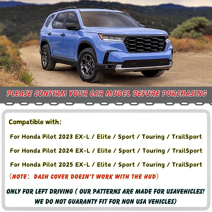 Non-Slip Dash Cover Dashboard Cover Mat Custom Fit Center Console Cover Sunshield Protector Pad Compatible with for Honda Pilot 2023 2024 2025 Accessories Pad (Without HUD) (Black Trim)